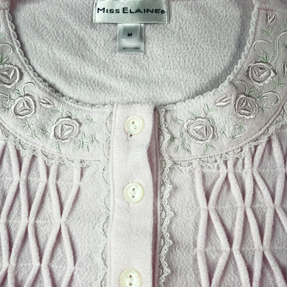 Miss Elaine Pink Fleece Nightgown Smocked Floral Embroidered Long Sleeve Medium‎